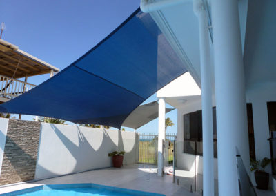 Overlapping shade sails over Pool 2 - Z16 Navy Blue & Silver Grey with Surfmist